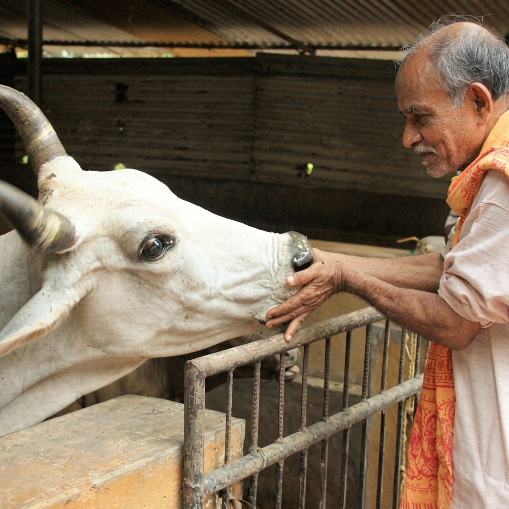 Elderly man feeding white cow