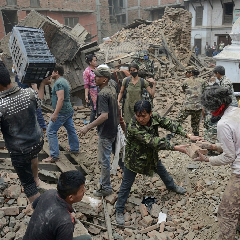 Volunteers clearing rubble together